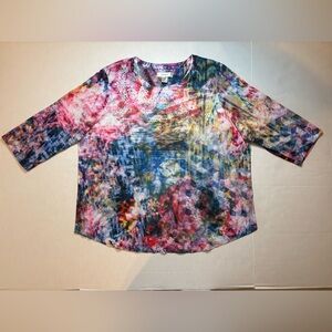 Multicolor abstract & tie dye pattern 3/4 sleeve top rhinestone embellished 1X